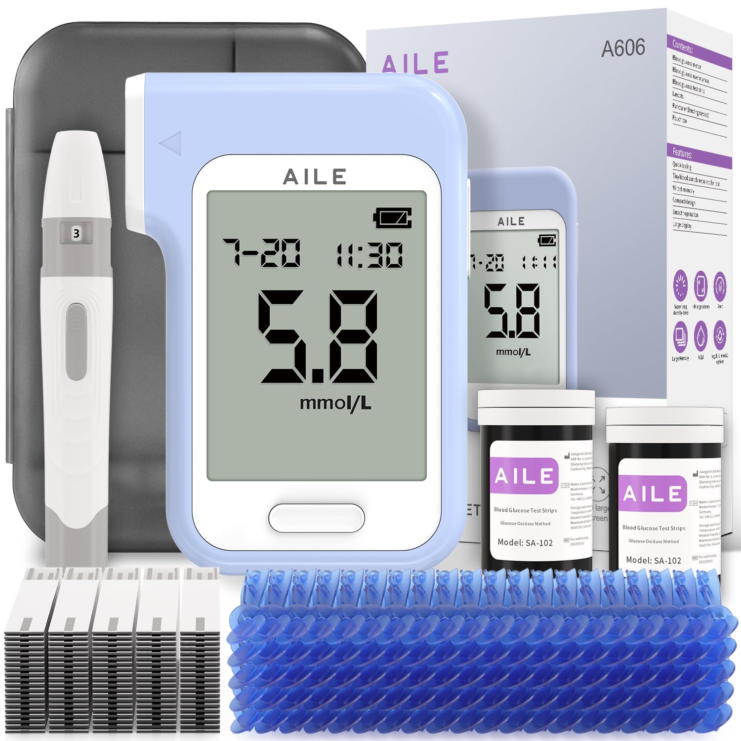 AILE Blood Glucose Monitor Kit, Blood Sugar Monitor, 50 Test Strips, 50 Lancets, 1 Low Pain Lancing Device, Diabetes Testing Kit, Portable Blood Sugar Test Kit, Glucometer Kit for Home (A606)