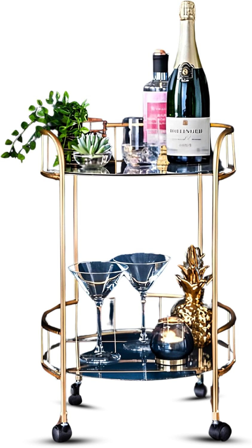 Fizporium Gold Drinks Trolley, Serving Bar Cart with Shelves, 2-Tier Cocktail Cart on Wheels, Home Bar & Kitchen Cart, Glamorous Gold Serving Table for Living Room, Dining, or Kitchen Decor
