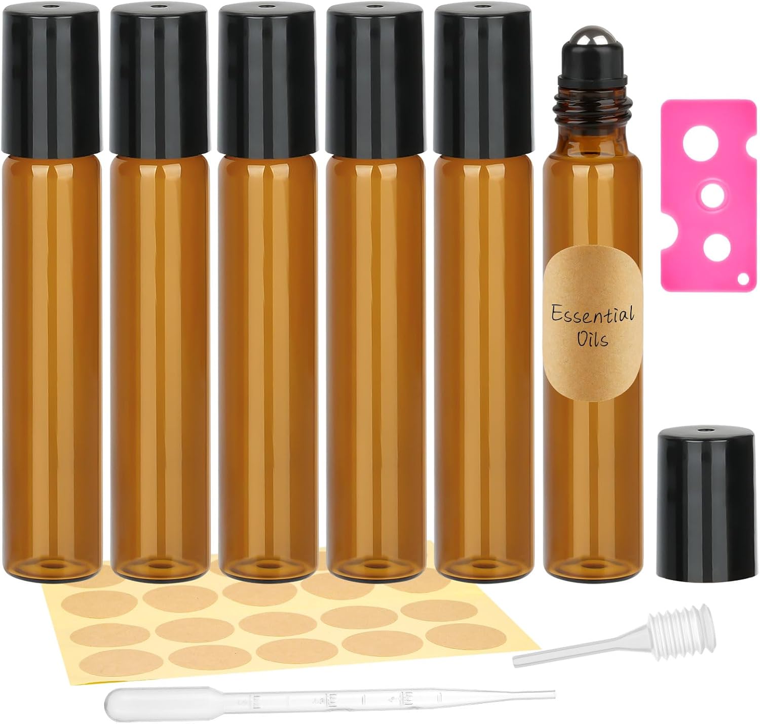 Maxmoc 6pcs Essential Oils Roller Bottles, 10ml Glass Roll on Bottles with Stainless Steel Roller Balls, Roller Ball Bottles with Bottle Opener, Dropper, Pipette, Label for Fragrance, Aromatherapy