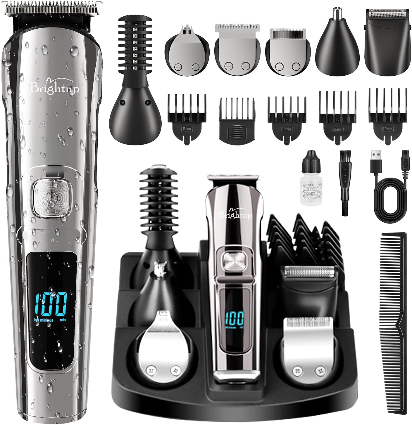 Brightup Beard Trimmer for Men - 19 Piece Beard Grooming Kit with Hair Clippers, Hair Trimmer, Electric Razor - IPX7 Waterproof Mustache, Face, Nose, Ear, Balls, Body Shavers - Mens Gifts