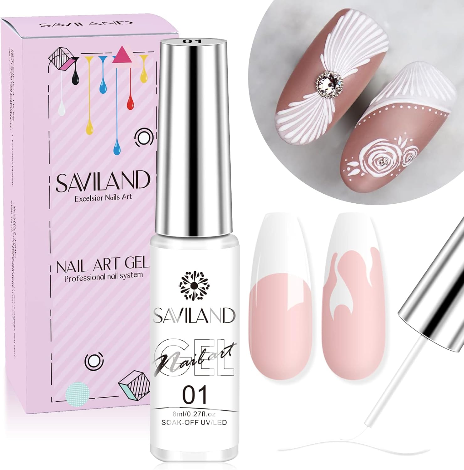Saviland Painted Gel Nail Polish: 8g White Gel Liner Nail Art Gels Polish Basic Color Soak Off U V LED French Manicure Gels Polish Starter for Swirl Nails Home DIY Salon