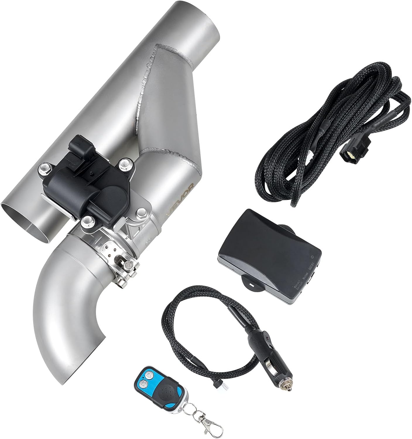 VEVOR Electric Exhaust Cutout, 2.5 Inch Universal Stainless Steel Exhaust Valve Kit with One Controller Remote Kit, Cut Out Valve, Y Pipe, Remote Control & Box, Fits Trucks, Sedans, Sports Cars, SUVs