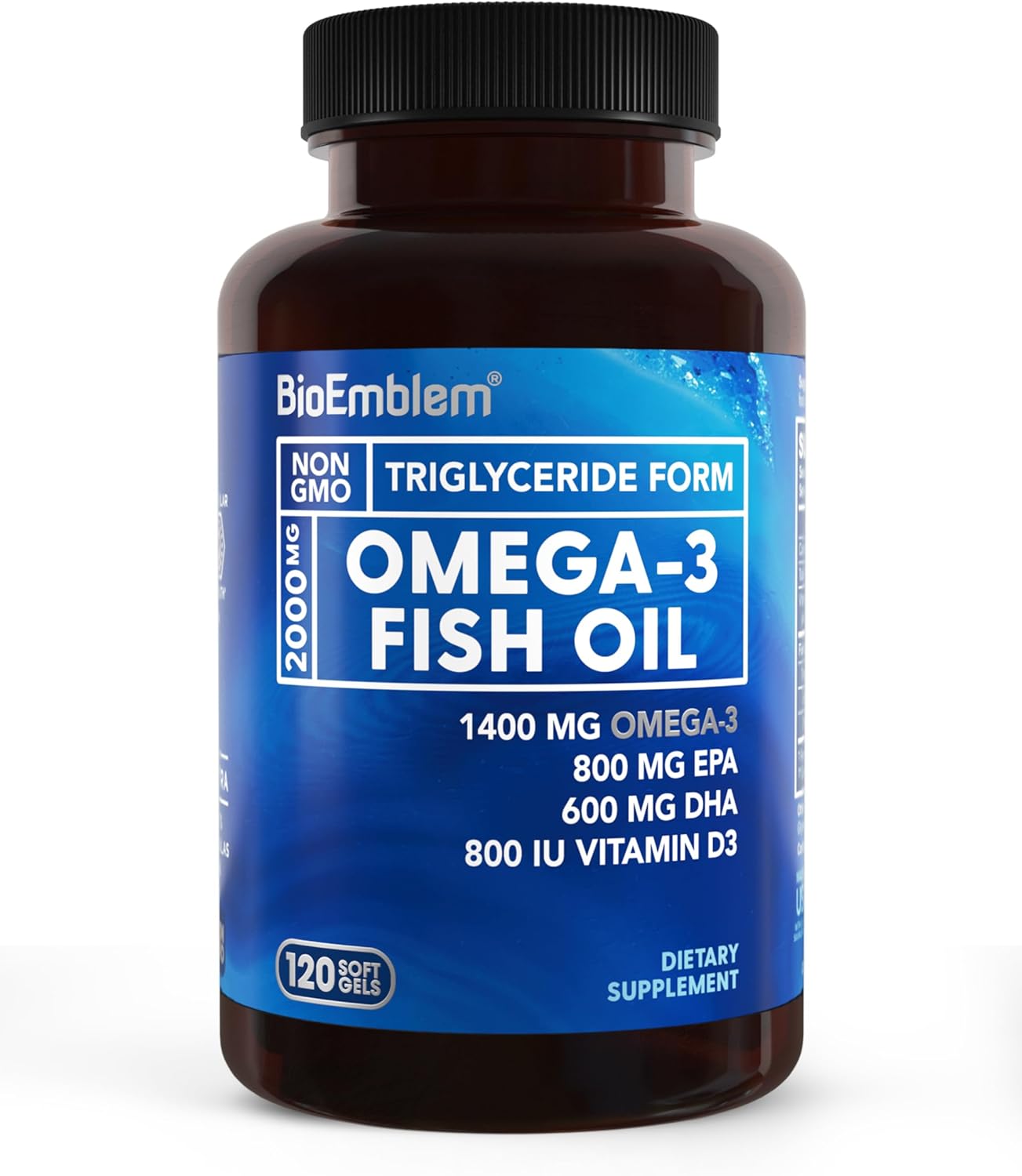 BioEmblem Omega-3 Fish Oil 2000mg - Small Size Softgels, High Absorption Form, Sustainable - 1400mg EPA &DHA Plus Vitamin D3, Non-GMO, Heart, Joint, & Brain Health Fish Oil Supplement, 120 Ct