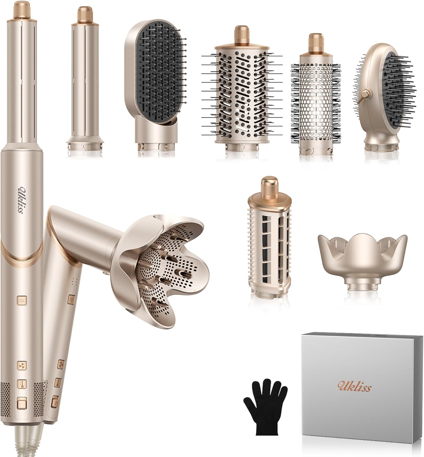 Ukliss 8 in 1 Hair Dryer Brush & Multi Hot Air Styler–Foldable 110,000 RPM Blow Dryer Brush Tool Set with Diffuser Auto-Wrap Curler for Fast Drying Curling Straightening Hair Daily Styling (1.25'')