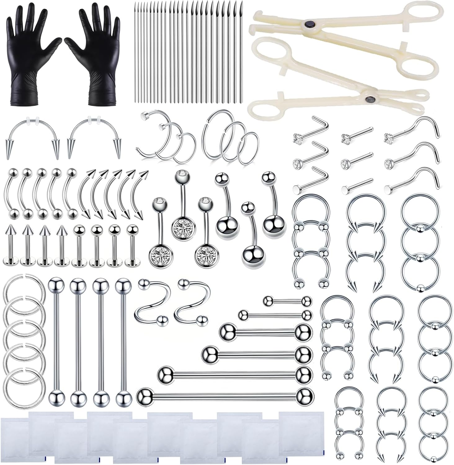 HOINCO 124PCS Body Piercing Kit,for Nose Belly Button Tongue Body all Body Piercing Tools Kit with 12G 14G 16G 18G 20G Piercing Needles