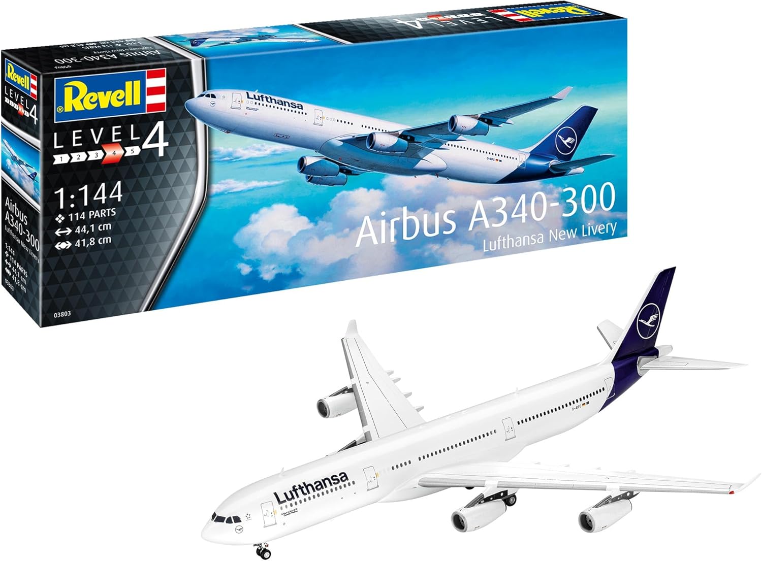 Revell Model Making I A340-300 Lufthansa New Livery I Building Kit I Scale 1:144 I 112 Pieces I DIY Kit from 12 Years I Detailed Aircraft Model with Authentic Paint