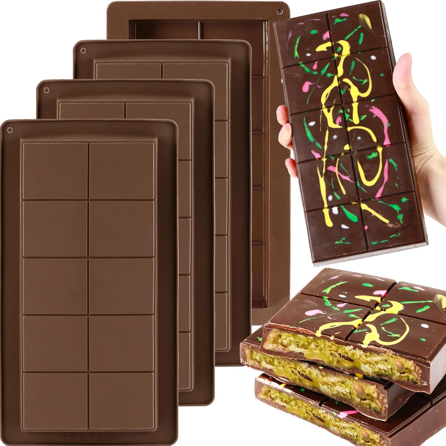 4 Pack Dubai Chocolate Bar Mold, 0.8 Inch Deep Chocolate Bar Molds Silicone for Making 8X4 Inch Extra Large Dubai Chocolate Bar Pistachio Chocolate Bar Mold Nonstick, Thick Chocolate Bar Mold