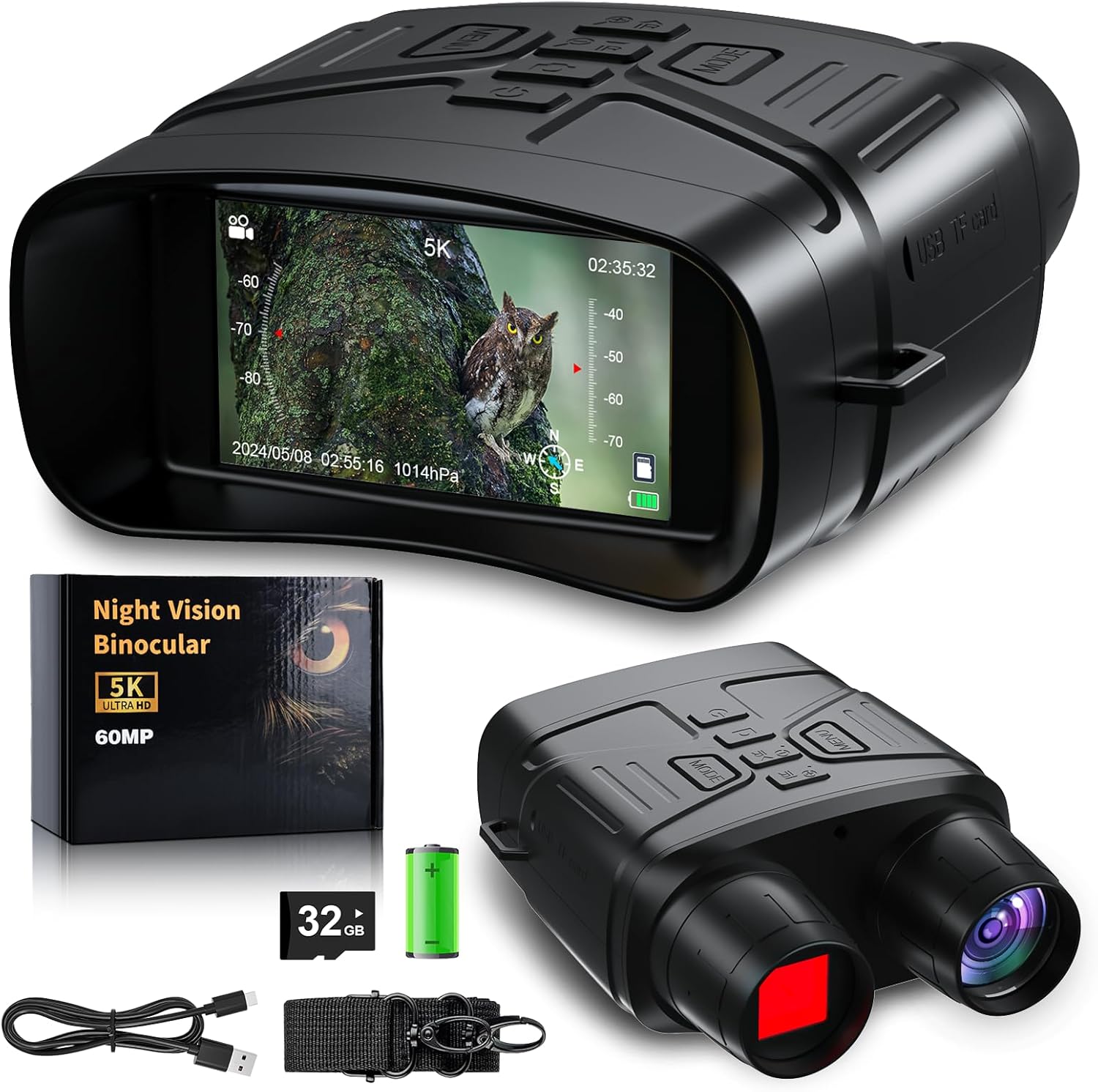 Night Vision Goggles, Night Vision Binoculars for Adults 3" Screen, 5000mAh Rechargeable Thermal Nightvision,10X Digital Zoom 9 Level IR,NVG with 32GB TF Card for Hunting Wildlife Hiking Bird Watching