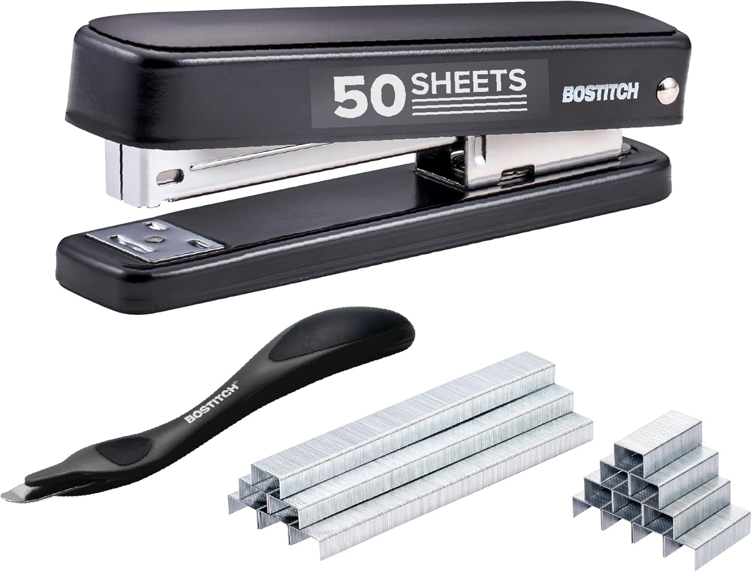 Bostitch Titan Heavy Duty Metal Stapler, 50 Sheet Capacity with 1250 Staples and Ergonomic Staple Remover, Jam Free Stapling, Full Strip Stapler for Desk, Office and Classroom, Black