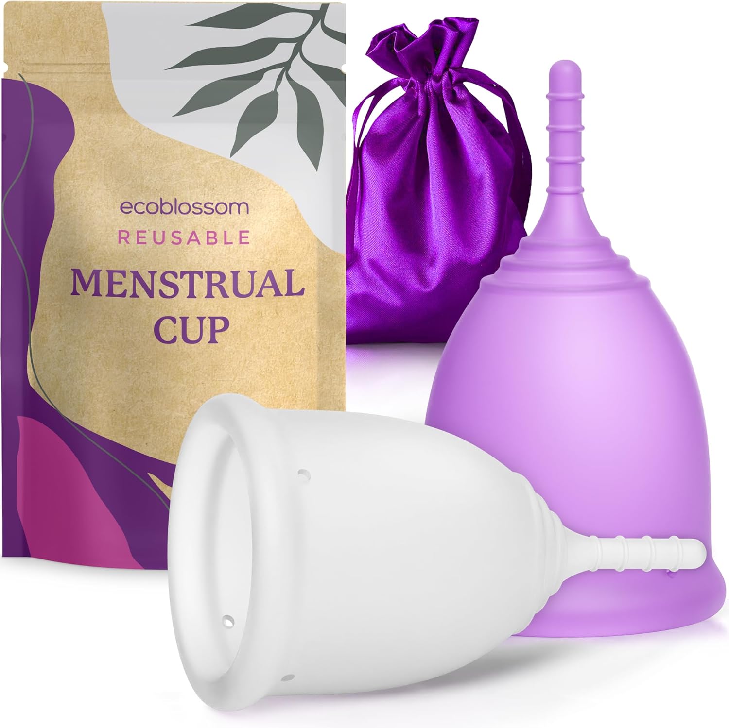 EcoBlossom Reusable Menstrual Cup Set - The Most Reliable Medical Grade Silicone Period Cups - Comfortably use for 12 Hours (Small & Large)