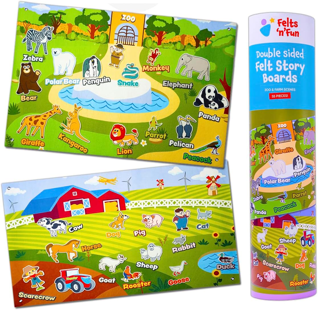 FeltsnFun 2 Felt Toy Story Boards 43" x 28" Zoo & Farm Play Scenes 55Pcs Interactive Educational Crease-Free Double-Sided Fuzzy Felt Board for Childrens Education | Premium Quality Gift