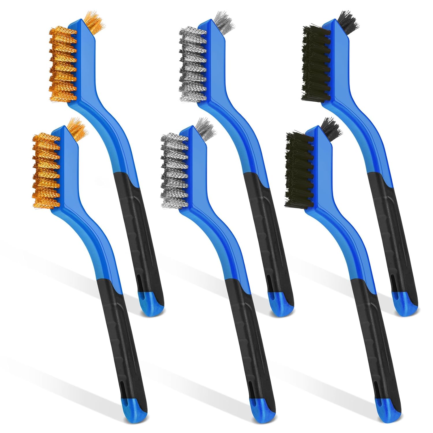 Wire Brush Set, 6 Pcs Stainless Steel/Brass/Nylon Wire Brushes for Cleaning with Curved Handle Grip for Rust Removal, Dirt, Paint Scrubbing(Blue)