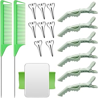 17 Piece Hair Styling Tool Set: 8 Sectioning Rings, 2 Rat Tail Combs, 6 Clips, and Magnetic Wrist Pin Holder for Braiding (Green)