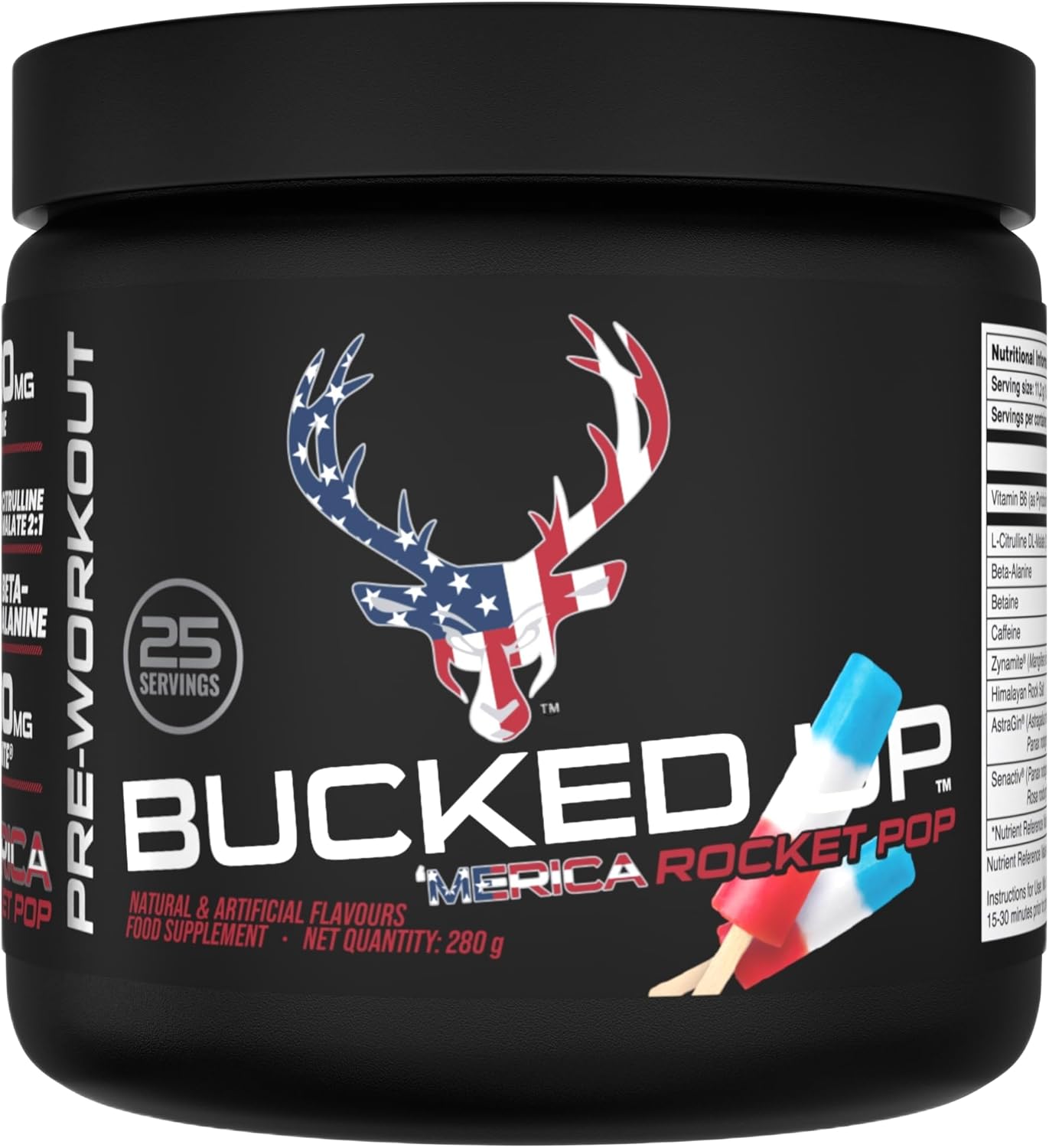 Bucked Up Pre-Training Powder | Performance Supplement with Beta-Alanine, Citrulline Malate & Caffeine | Sugar Free | Rocket Pop Flavour| 25 Servings
