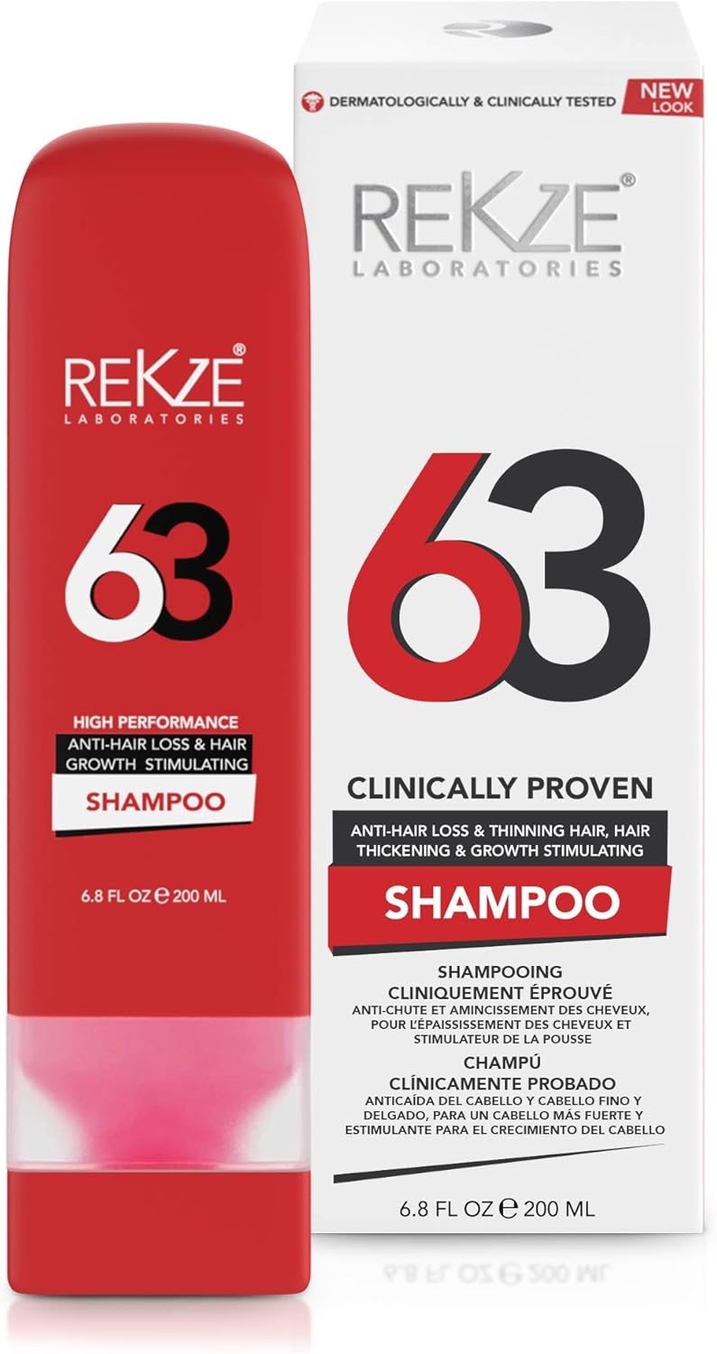 REKZE 63 Hair Growth Shampoo – Clinically Proven w/Caffeine, Biotin, Saw Palmetto - Thickening Therapy For Men & Women, DHT Blocker Prevents Thinning & Hair Loss, Promote Regrowth