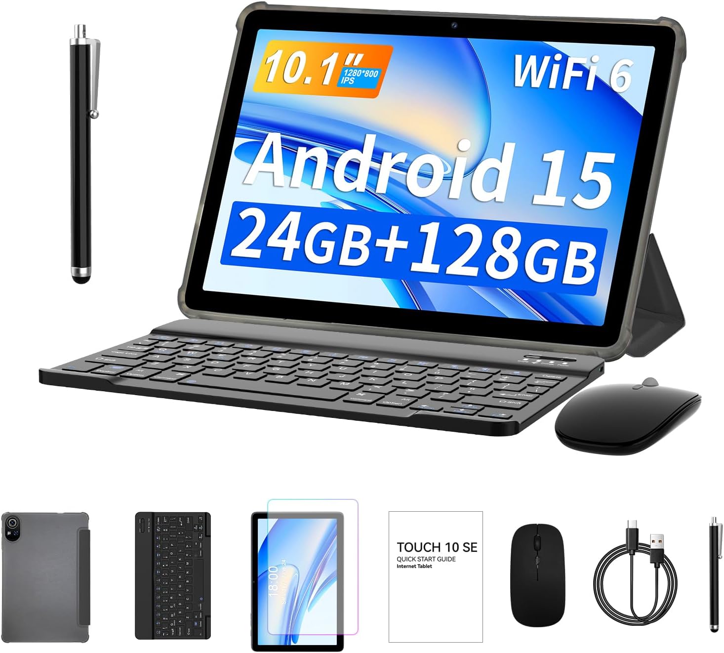 PRITOM 10 inch tablet, 24 GB, 128 GB ROM, 1024GB Expand, Android 15, 4-1 android tablets, Qcta core, WiFi 6, 8000 Mah, Tablet PC with Keyboard, Mouse, Case,Stylus,Gray