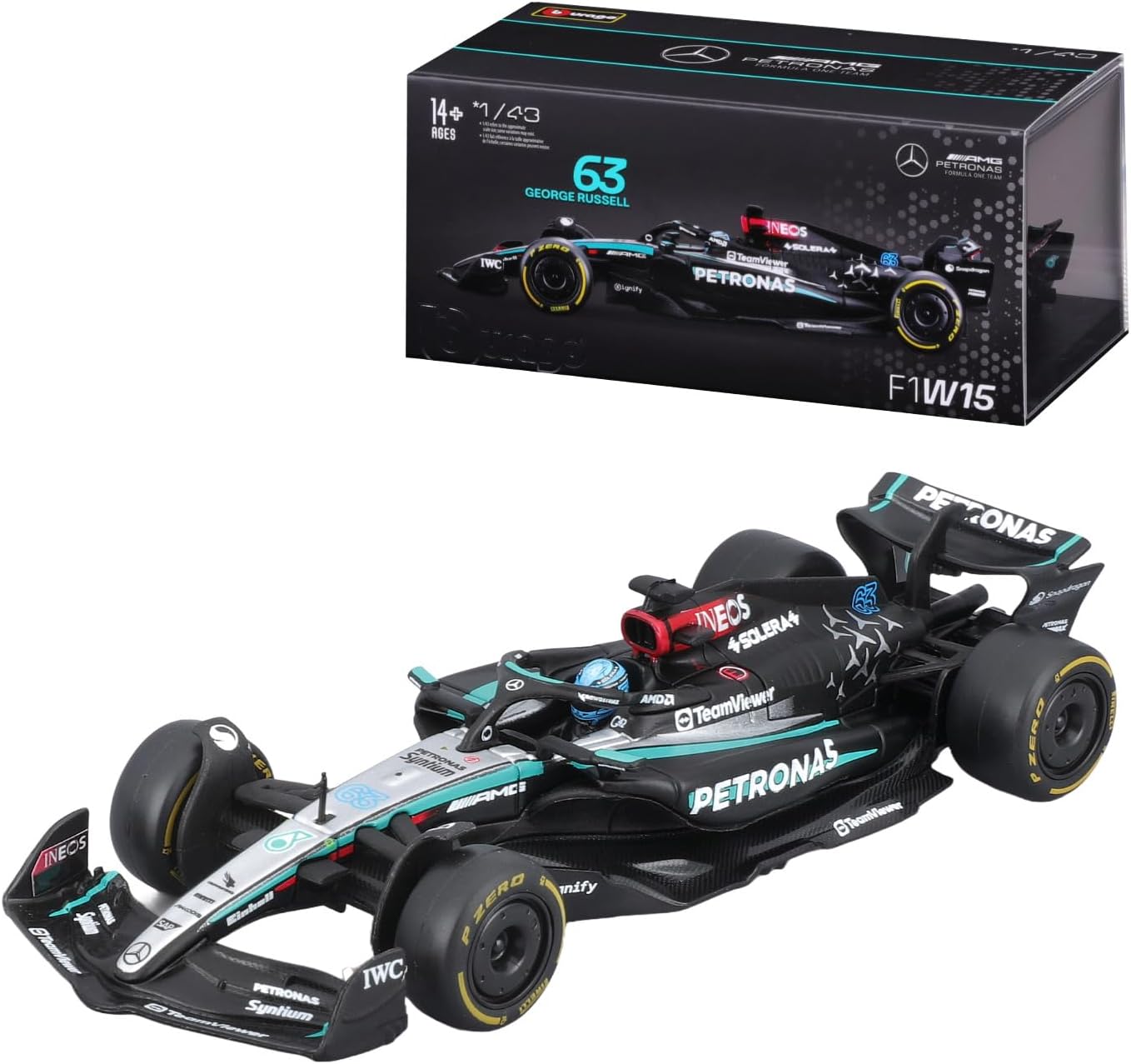 Bburago 1:43 2024 Race Mercedes W15 with Helmet, Russell #63