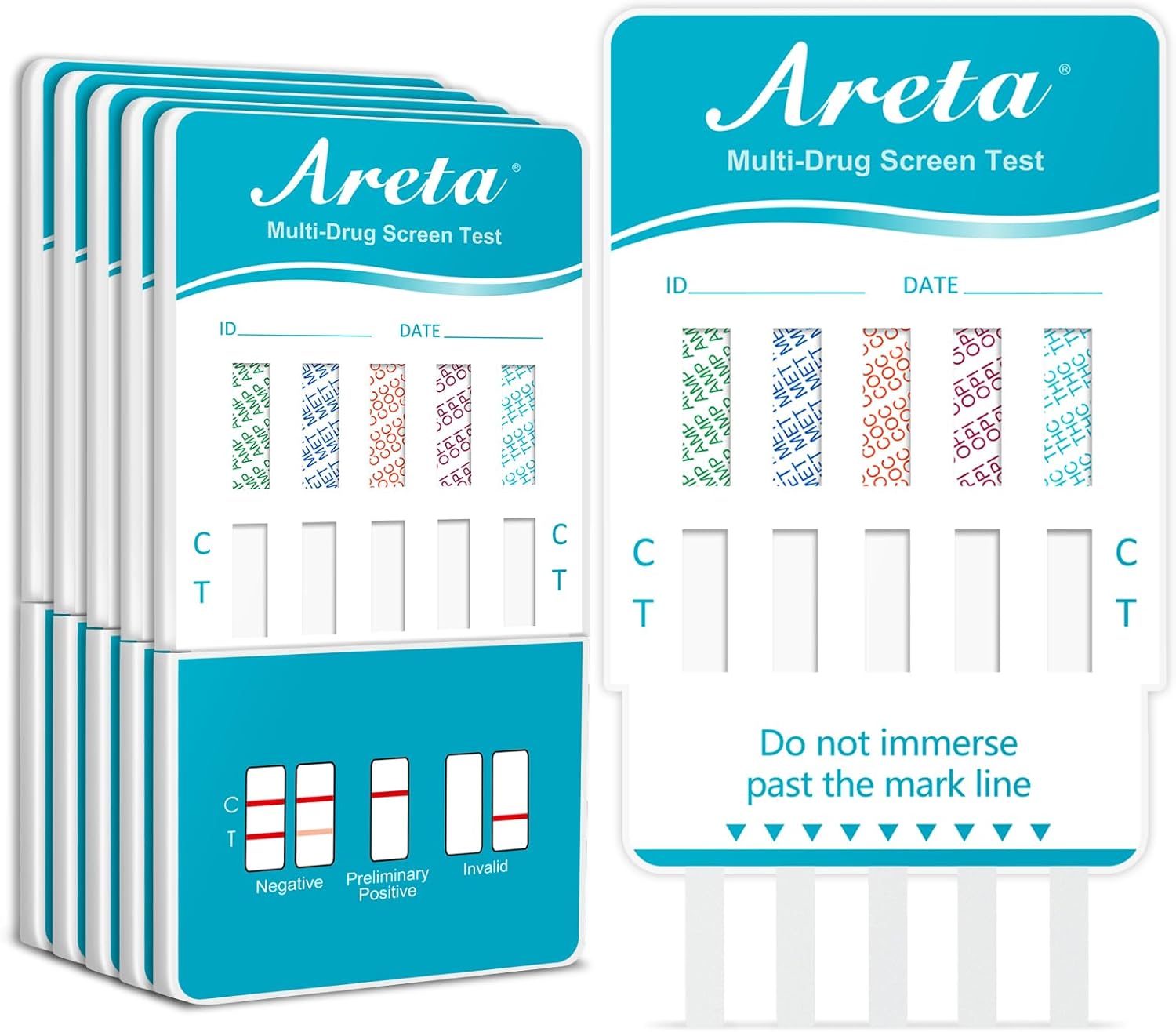Areta 5 x Drug Testing Kits: 5 Panel Multi Drug Tests for THC COC MET AMP Opiate - Drug Test Kits for Cocaine, Opiates, Methamphetamine, Amphetamines, Cannabis - Rapid Drug Test Dip Cards Home Use