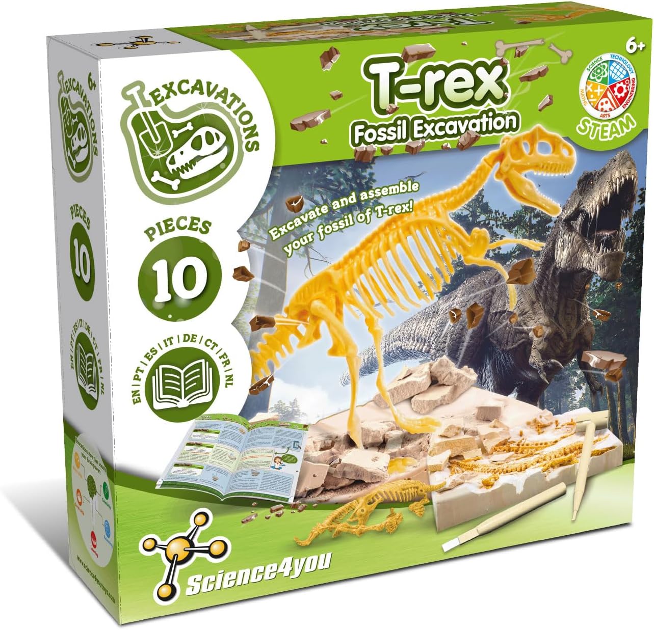 Science4you T Rex Fossil Hunting Kit for Kids Age 5 6 - Excavate and Assemble the 10 pieces T-Rex Fossil - Ideal Dinosaur Excavation Kit Toy for fans of Jurassic, Archeology and Paleontology Sets
