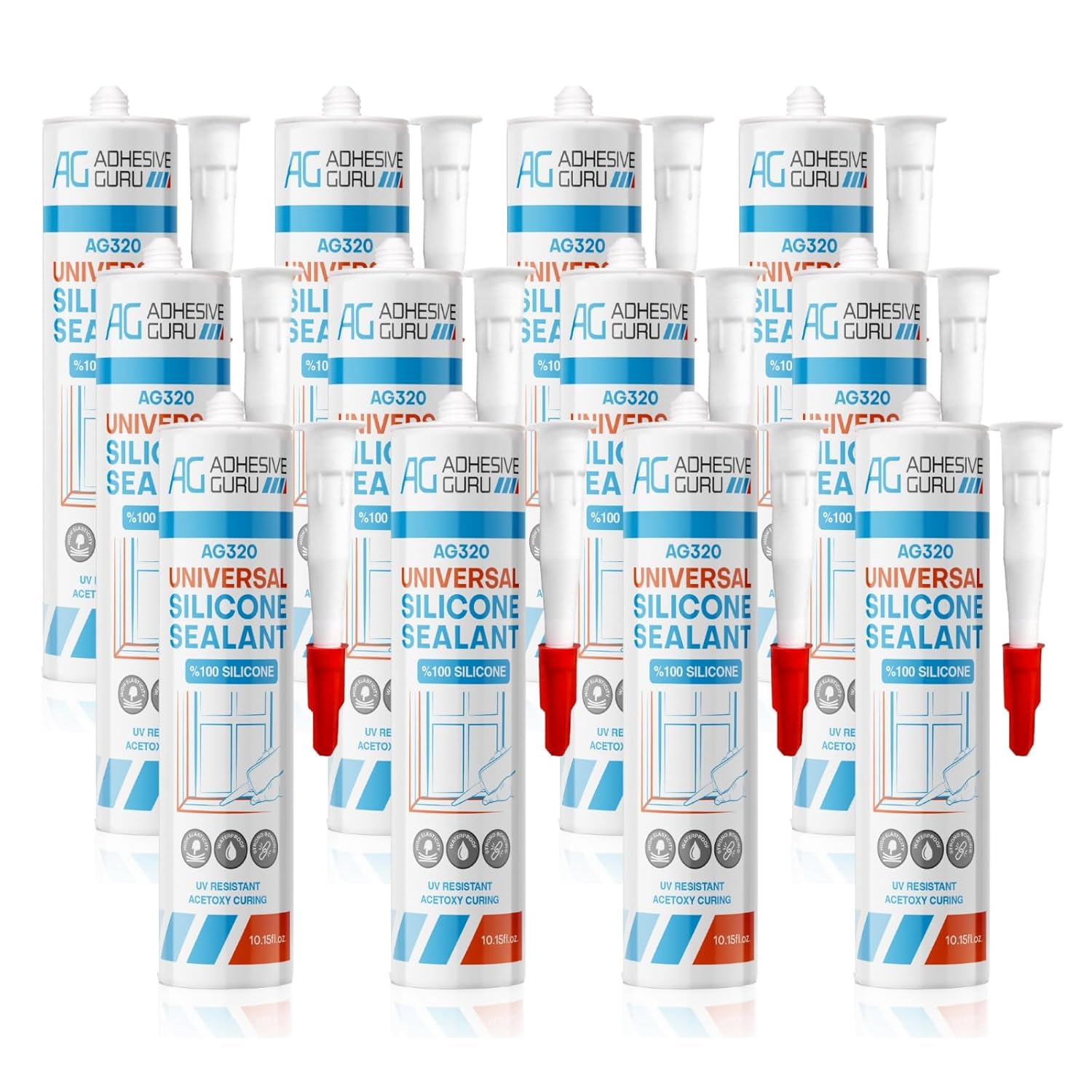 Adhesive Guru All Purpose Clear Silicone Sealant Waterproof (12 x 10.15 fl.oz.), 100% Silicone Caulk, Weatherproof & Flexible Adhesive Sealant for Indoor and Outdoor Use, Transparent -12 Pack