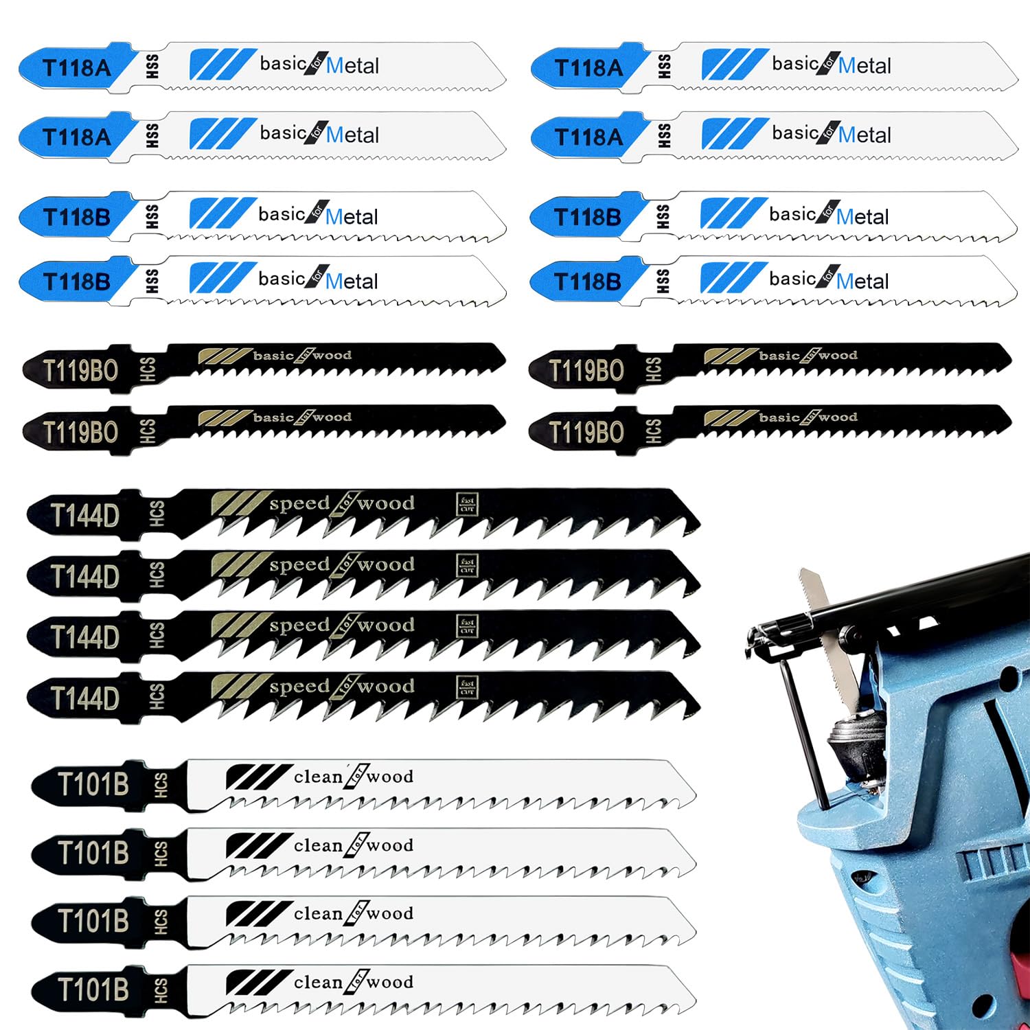 20 Pcs T Shank Jigsaw Blades, Jig Saw Blade Set, Multi-Purpose Jig Saw Blades for Wood, Pruning Plastic Metal Cutting Made with HCS/HSS, Jigsaw Blade, for Most Jig Saw Models