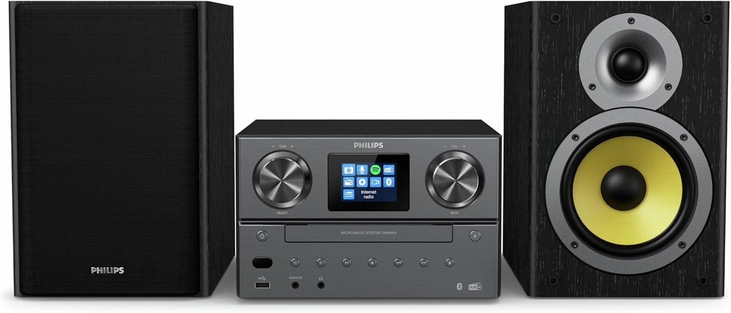 PHILIPS M8905/10 Micro Music System with Bluetooth and DAB+/FM Internet Radio (USB, Spotify Connect, CD, MP3-CD, 100 W, Bass-Reflex Loudspeakers, Digital Sound Control) - 2020/2021 Model, Black, 100 W