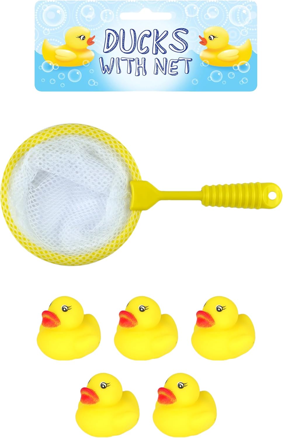 Henbrandt Mini Ducks with Net Bath Time Single Pack 6-Piece Game Set with 5 Ducks + 1 Net Kids Yellow Rubber Duck Toys Summer Fun Paddling Pool Games Bathtub Play for Boys and Girls