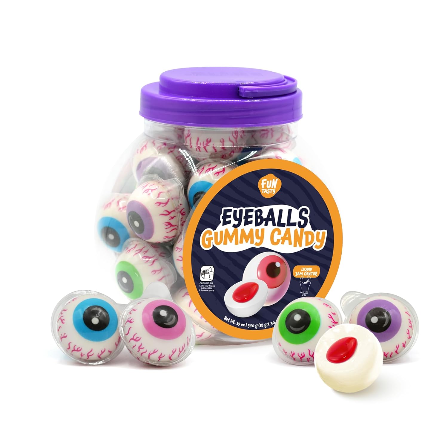 Eyeballs Gummy Candy - 19 Oz Jar (30 Count) - Strawberry Jelly Filled Gummies - Individually Wrapped Halloween Candy - Kids' Party Favors - Spooky Eyes Gummies by Funtasty