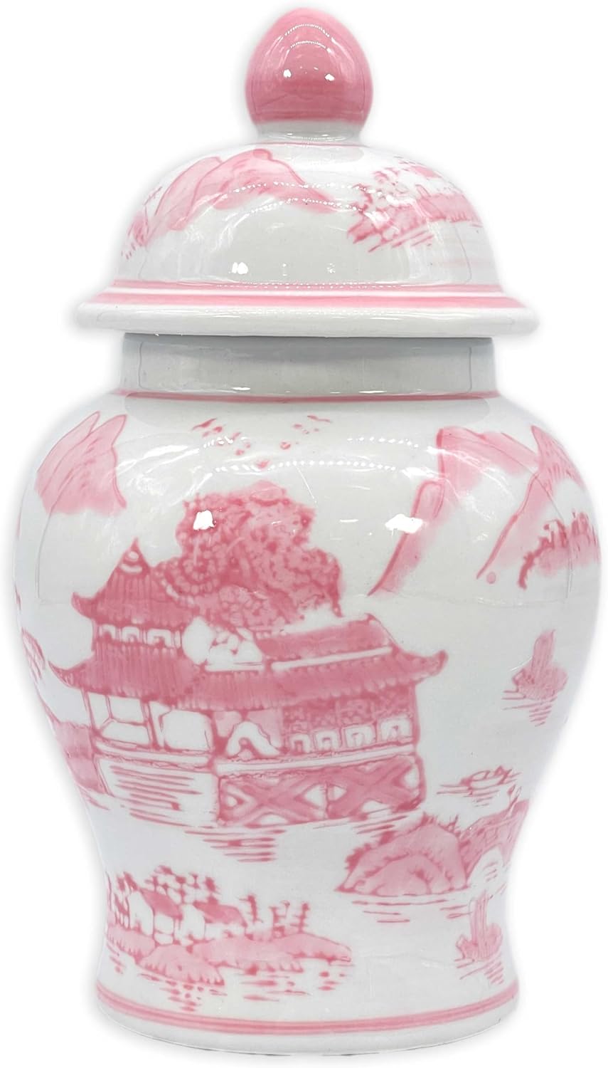 Galt International 8" Ceramic Ginger Jar w/Lid - Classic Chinese Style Porcelain Jar Tea Storage for Home Decor Decorative Centerpiece Vintage Accent Antique Vase Jingdezhen (Pink & White)
