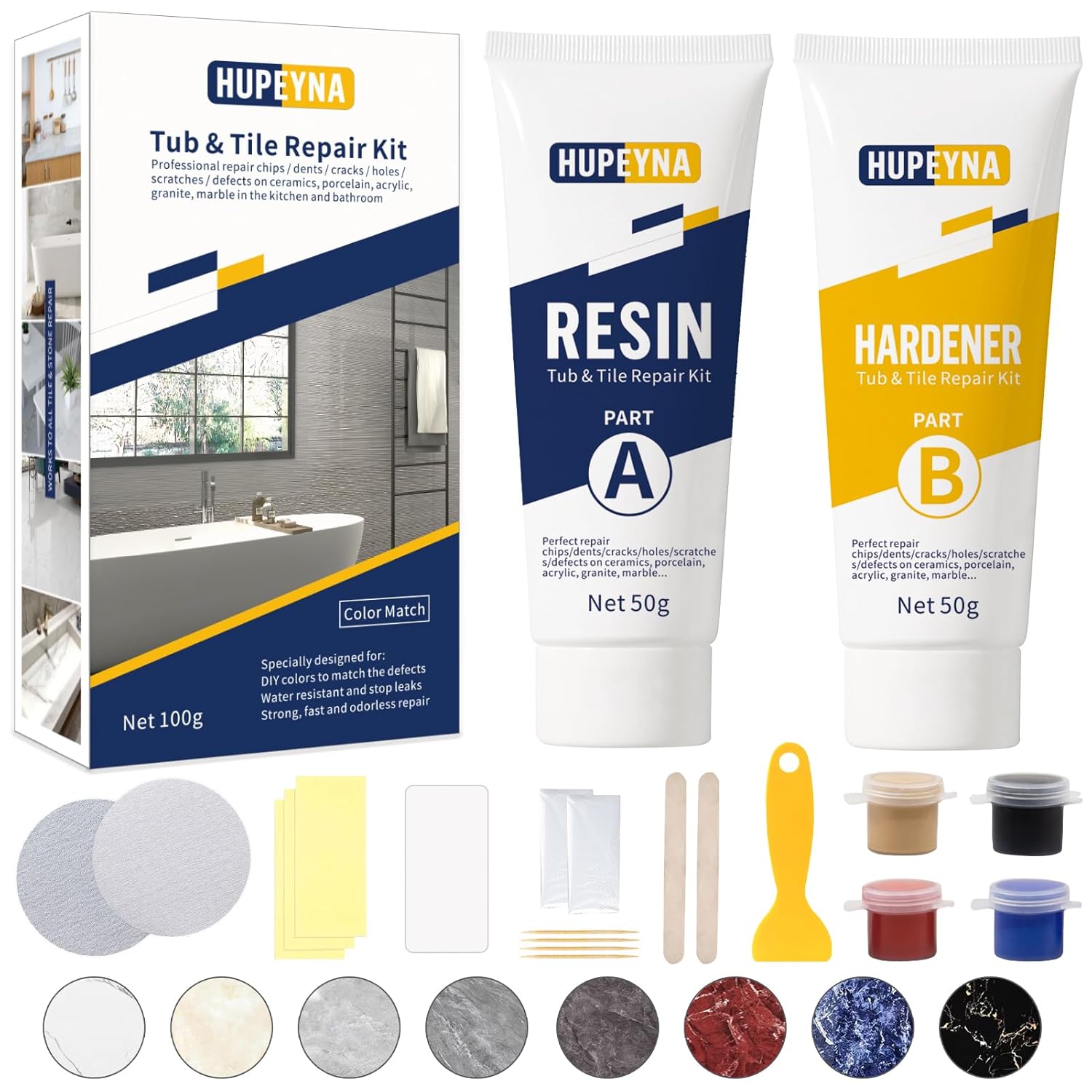 Shower Tray Repair Kit, Hupeyna Tub, Tile and Shower Repair Kit, Bathtub Repair Kit White for Chips Dents Cracks Holes Scratchs, Bath Repair Kit - More Colour Choices Available Marble Repair Kit