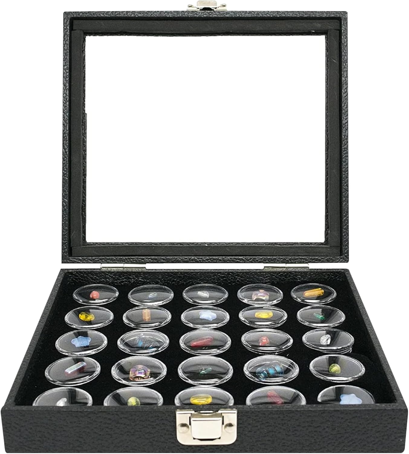 Novel Box Half Size Jewelry Display Case 8.25X7.25X2 + Small Size 25 Gems Jars | Glass Jewelry Box with Lid & Black Tray Foam Liner | Rock Storage Box with Metal Clasp | Display Box for Collectibles