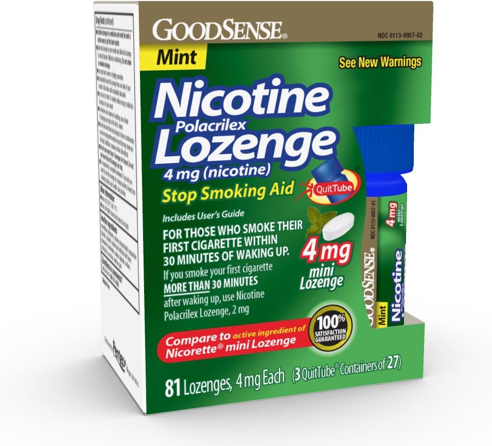 GoodSense Mini Nicotine Polacrilex Lozenge, 4 mg (nicotine), Stop Smoking Aid, Mint Flavor; quit smoking with mint nicotine lozenge, 81 Coun