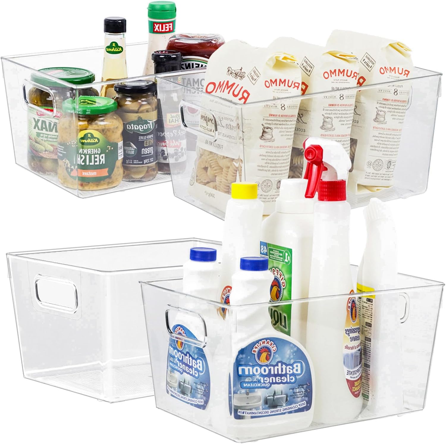 4pcs Clear Storage Bins Clear Storage Containers for Kitchen Pantry Organization and Storage Bins, Organizing Bins with Built in Handles, Clear Cabinet Organizers