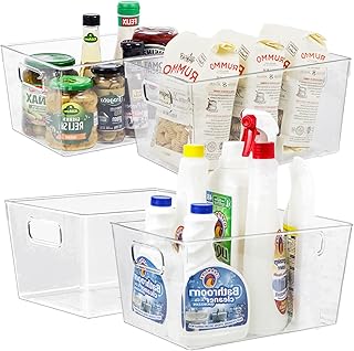 4pcs Clear Storage Bins Clear Storage Containers for Kitchen Pantry Organization and Storage Bins, Organizing Bins with Built in Handles, Clear Cabinet Organizers