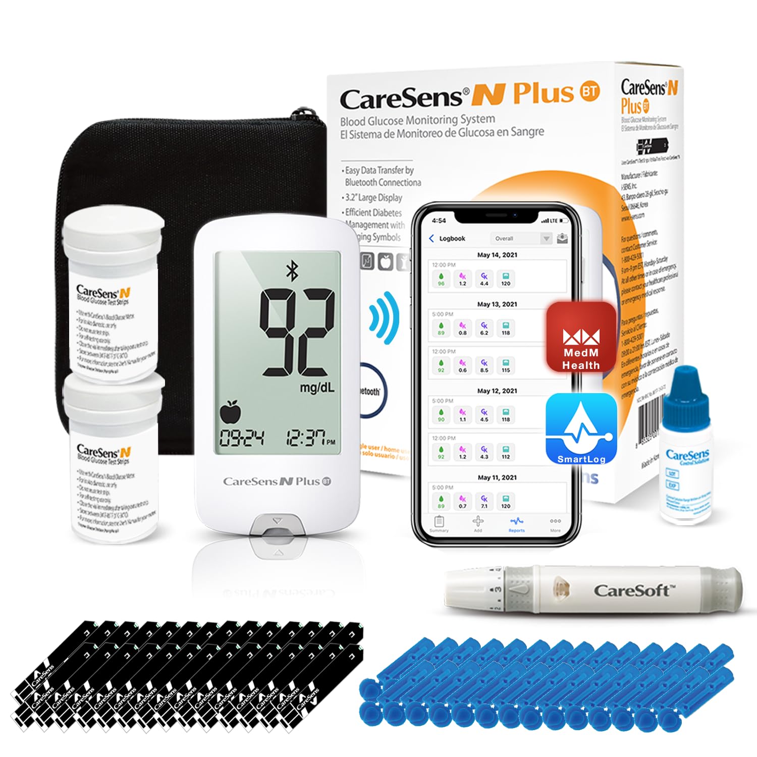 CareSens N Plus Bluetooth Blood Glucose Monitor Kit with 100 Blood Sugar Test Strips, 100 Lancets, 1 Blood Glucose Meter, 1 Lancing Device, Travel Case for Diabetes Testing Kit (Auto-Coding Glucometer kit with 1 Control Solution)