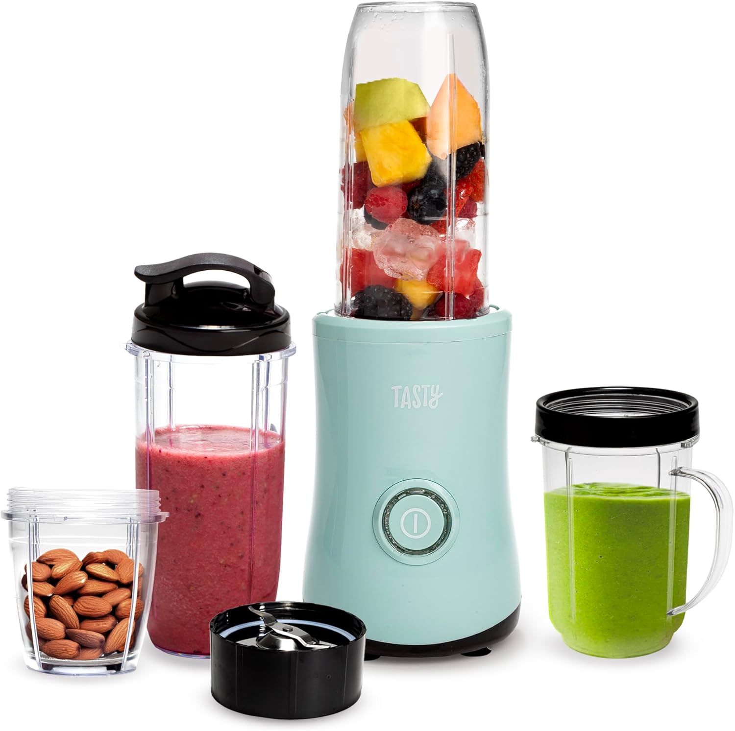 Tasty Personal Blender With Cup, 350W Powerful Blending Motor, 9-Piece Set With 4 Cups & Travel Lid, Compact & Portable, Aqua