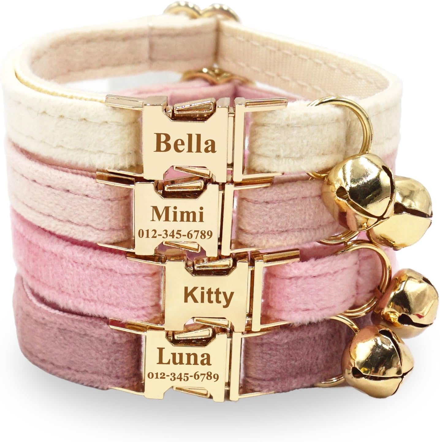 Personalized Soft Velvet Engraved Cat Collar, Custom Name & Phone on Metal Buckle with Bell, Optional Bowtie/Leash/Airtag Holder for Kittens Cats (Light Gold Buckle)