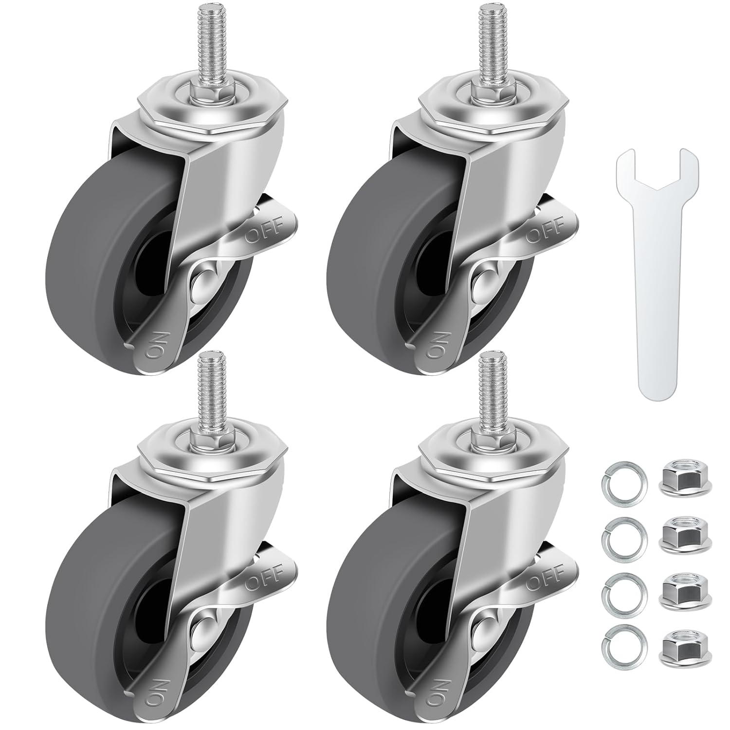 Caster Wheels, 3" Locking Swivel Stem Casters Set of 4, 3/8"-16 x 1 (Screw Diameter 3/8", Length 1") Rubber Casters with 360 Degree No Noise Wheels for Furniture