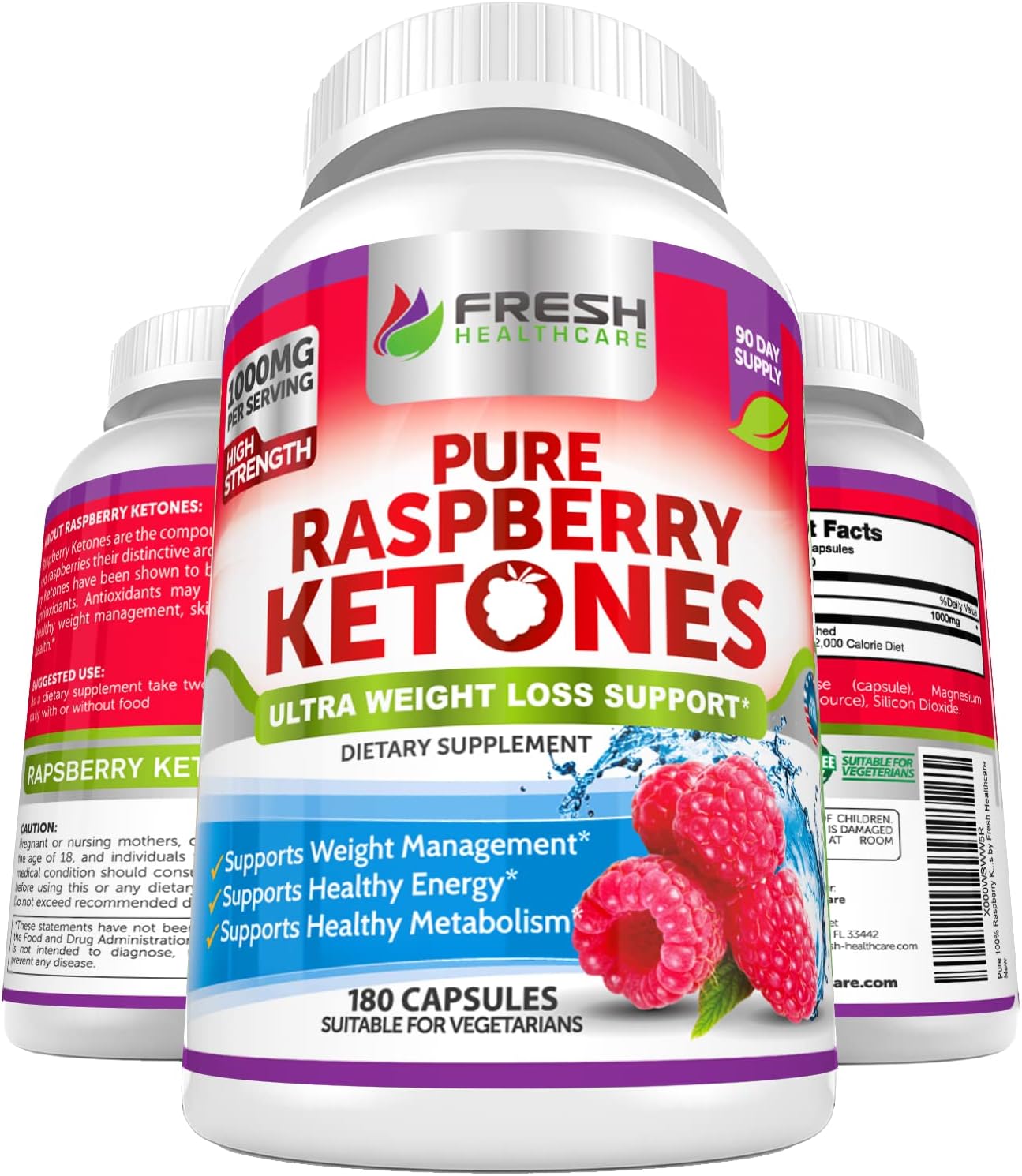 FRESH HEALTHCARE Pure 100% Raspberry Ketones Max 1000mg Per Serving - 3 Month Supply Non GMO - Advanced Weight Loss Support - 180 Capsules