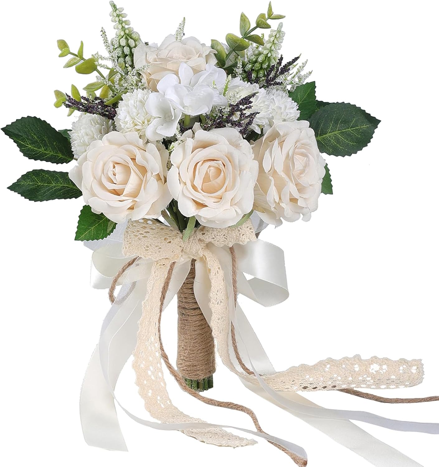 Wedding Bouquets for Bride Bridesmaid,White Champagne Artificial Roses Flowers for Wedding Church Decoration (7.5in)