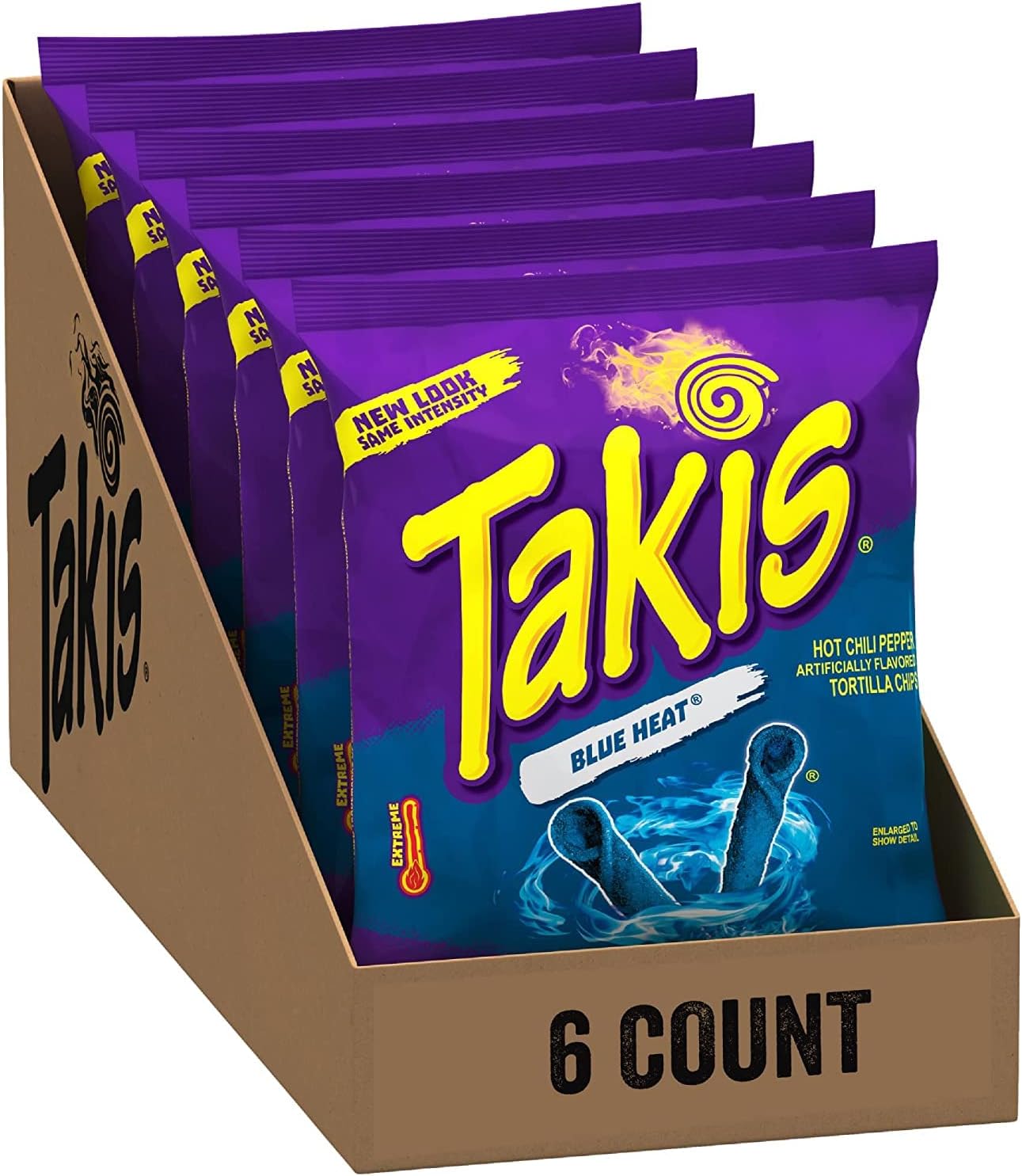 GroceriesRus American Snacks - Takis Blue Heat Rolled Tortilla Chips, Hot Chili Pepper Artificially Flavored - 3.25oz (92.3g) Pack of 6