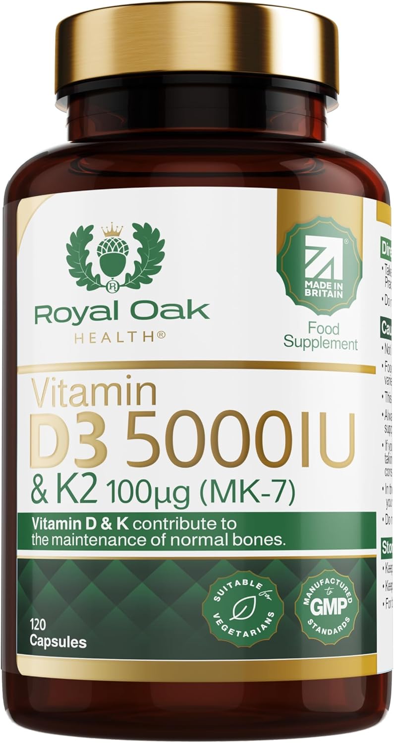 Vitamin D3 5000 IU & Vitamin K2 100mcg (MK-7) x120 Capsules, 4 Month Supply - High Strength Vitamin D & K2 Supplement for Men & Women, Made in The UK by Royal Oak Health