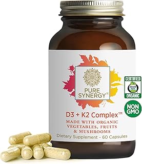 PURE SYNERGY D3 + K2 Complex | Vegan Vitamin D3 K2 Complex | Organic Vitamin D3 Supplement with Vitamin K2 and K1 Plus Organic Whole Foods | Supports Bone, Brain, and Immune Health (60 Capsules)
