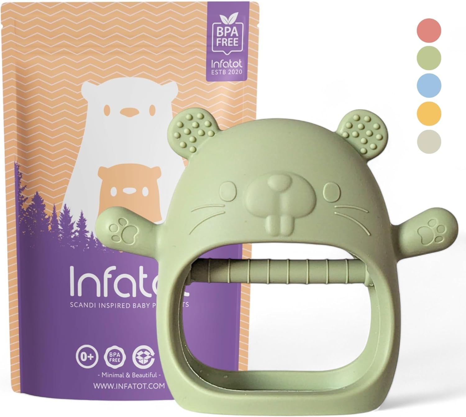 Infatot® Teething Toys for Baby Gifts – Chipmunk Silicone Mitten Teether, Soothing Glove for Infants, Baby Toys 0-6 Months, Soft Chewable Teether Toy to Prevent Finger Sucking, CM Olive