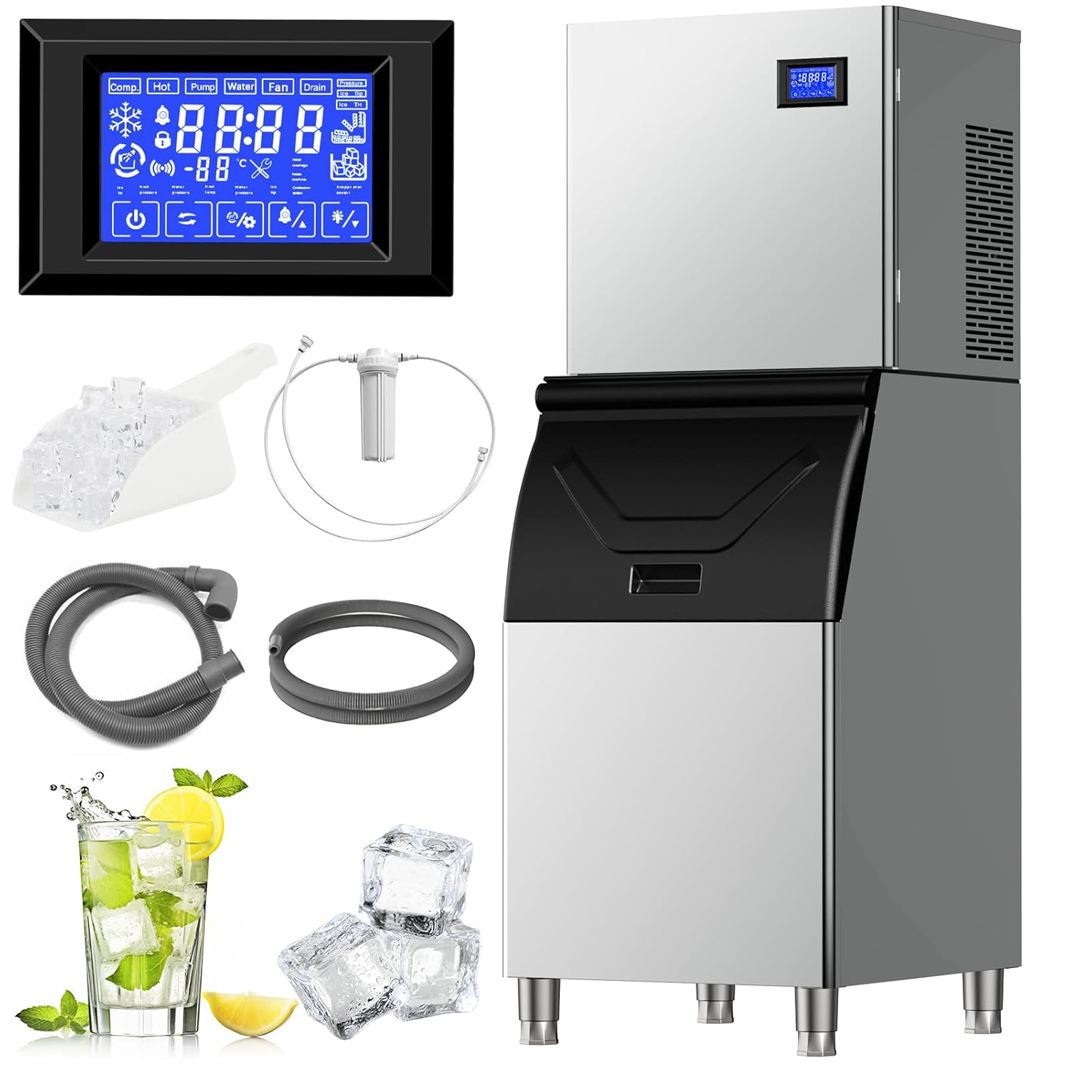 Pro 22" Commercial Ice Maker Machine 450LBS/24H with 250LBS Storage Bin, Powerfull Compressor, 182 Full Cube Ice Ready in 8-15 min, Air Cooled, Industrial Ice Machine for Business