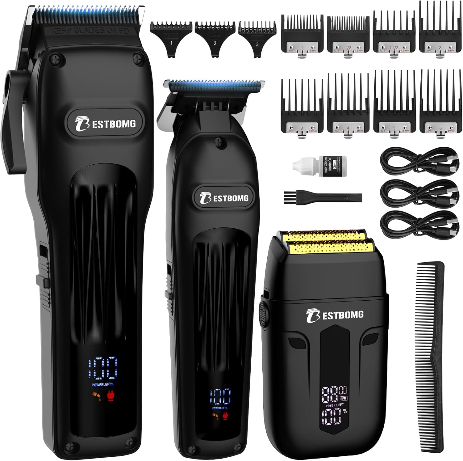 Hair Clippers for Men, Professional Hair Clippers, Beard Trimmer& Rechargeable Shaver Set, Metal T-Blade, LED Display, Barber Hair Cutting Kit for Men Grooming & Gifts (808A-Black)