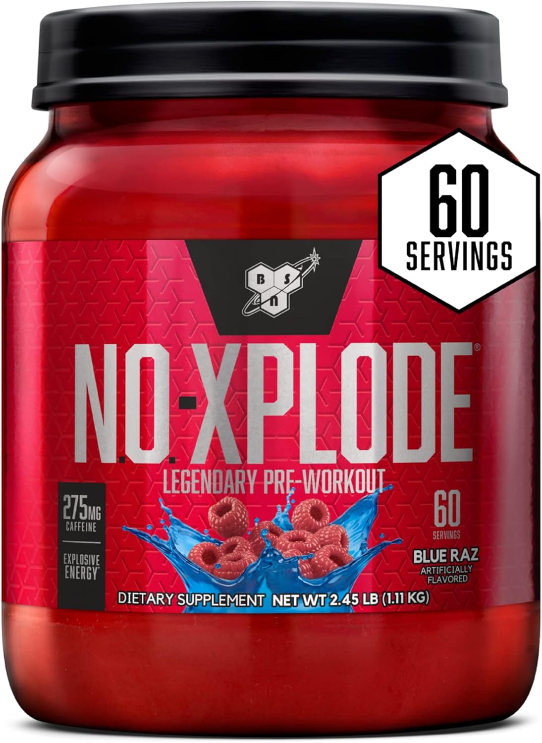 BSN N.O.-XPLODE Pre Workout Powder, Energy Supplement for Men and Women with Creatine and Beta-Alanine, Blue Raz, 60 Servings, 2.45 Pound (Packaging May Vary)