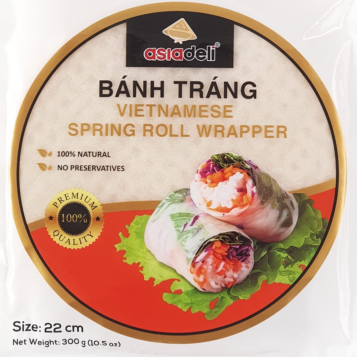 Asiadeli Rice Paper, 30~32 Sheets Per Pack, 10.5 oz, Vietnamese Spring Roll Wrapper, Premium Rice Paper, Round 22cm (Pack of 1 Bag)