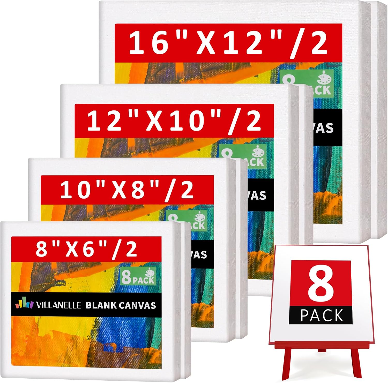 Stretched Canvas, 6x8, 8x10, 10x12, 12x16, 8 Set Artist Canvase Frame Board Panels, 100% Cotton Blank Canvase Oil Acrylic Watercolor Pouring Paint, Acid-Free for Kids & Artists