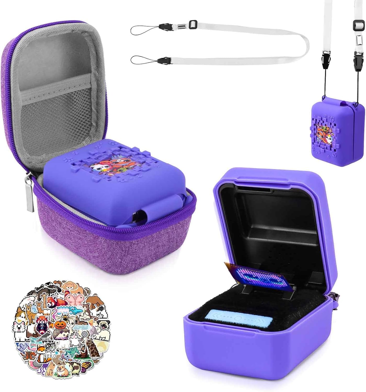 FIDWALL Durable Silicone Case and Hard Carrying Box Compatible with Bitzee Interactive Digital Pet – Waterproof, Shockproof Shell with Animal Pixel Stickers and Lanyard for Secure Storage and Travel